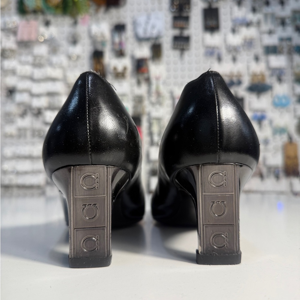 8B Salvatore Ferragamo Black Leather Heels with Silver Accents